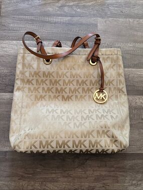 Michael Kors Beige MK Signature Tote with Brown Leather Straps